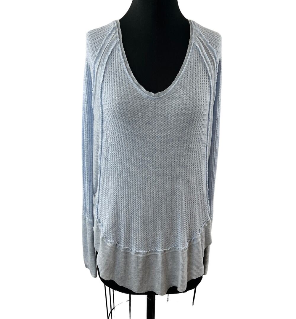 We The Free People Blue Catalina Top Thermal Waffle Knit Ruffled Hem Sz S Small